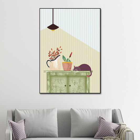Kitty and Potted Plant Art Print Kids Style Textured Surface Sitting Room Canvas Clearhalo 'Art Gallery' 'Canvas Art' 'Kids' Arts' 1615001