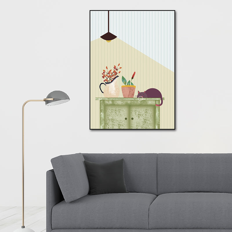 Kitty and Potted Plant Art Print Kids Style Textured Surface Sitting Room Canvas Clearhalo 'Art Gallery' 'Canvas Art' 'Kids' Arts' 1615002