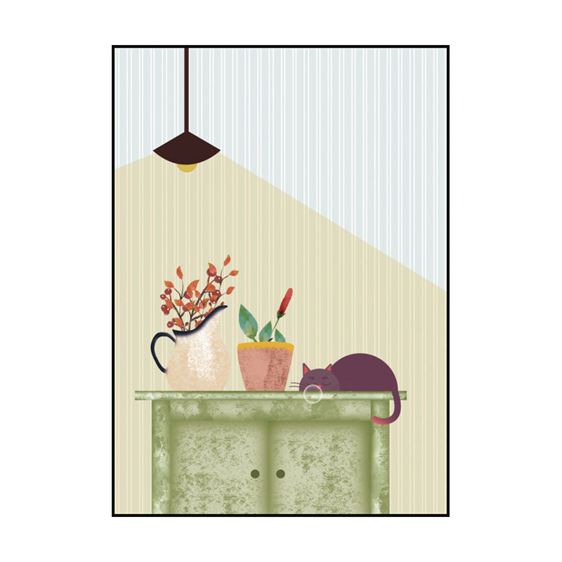 Kitty and Potted Plant Art Print Kids Style Textured Surface Sitting Room Canvas Clearhalo 'Art Gallery' 'Canvas Art' 'Kids' Arts' 1615003