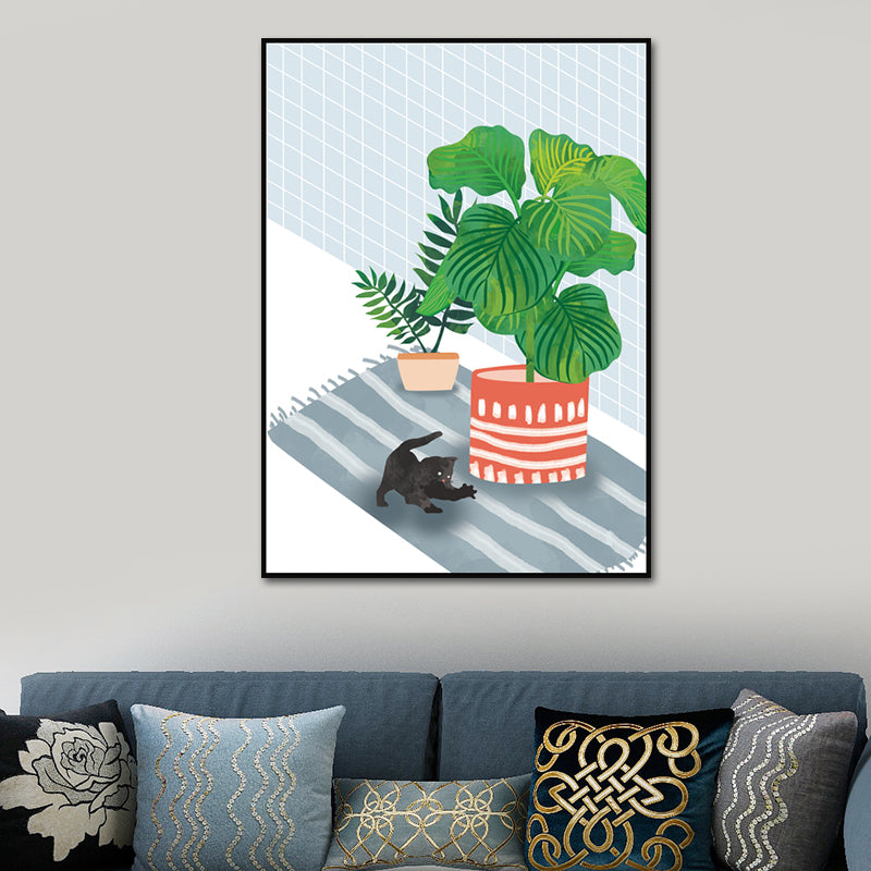 Kitty and Potted Plant Art Print Kids Style Textured Surface Sitting Room Canvas Blue Clearhalo 'Art Gallery' 'Canvas Art' 'Kids' Arts' 1615014