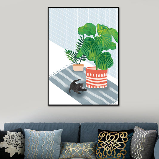 Kitty and Potted Plant Art Print Kids Style Textured Surface Sitting Room Canvas Blue Clearhalo 'Art Gallery' 'Canvas Art' 'Kids' Arts' 1615014