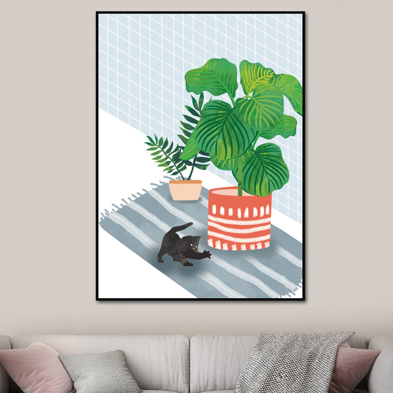 Kitty and Potted Plant Art Print Kids Style Textured Surface Sitting Room Canvas Clearhalo 'Art Gallery' 'Canvas Art' 'Kids' Arts' 1615015