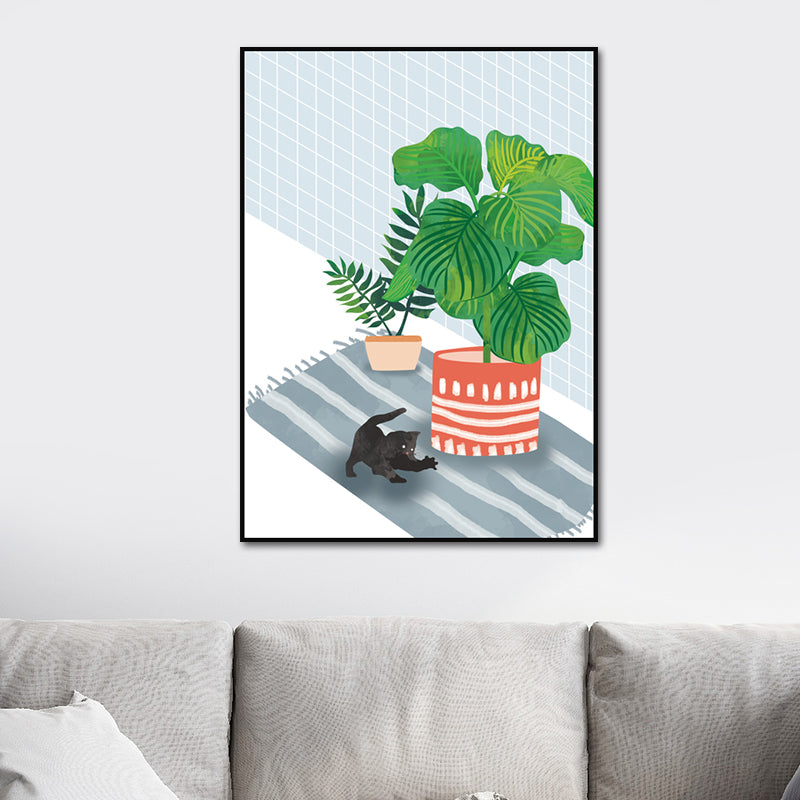 Kitty and Potted Plant Art Print Kids Style Textured Surface Sitting Room Canvas Clearhalo 'Art Gallery' 'Canvas Art' 'Kids' Arts' 1615016
