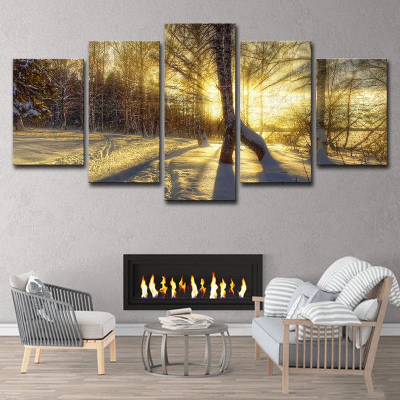 Photo-Print Modern Wall Art with Sunlight Breaking Through Bare Trees Scenery in Yellow Yellow Clearhalo 'Art Gallery' 'Canvas Art' 'Contemporary Art Gallery' 'Modern' Arts' 1615028