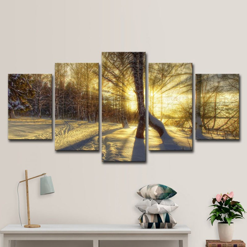 Photo-Print Modern Wall Art with Sunlight Breaking Through Bare Trees Scenery in Yellow Clearhalo 'Art Gallery' 'Canvas Art' 'Contemporary Art Gallery' 'Modern' Arts' 1615029