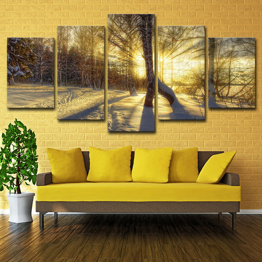 Photo-Print Modern Wall Art with Sunlight Breaking Through Bare Trees Scenery in Yellow Clearhalo 'Art Gallery' 'Canvas Art' 'Contemporary Art Gallery' 'Modern' Arts' 1615030
