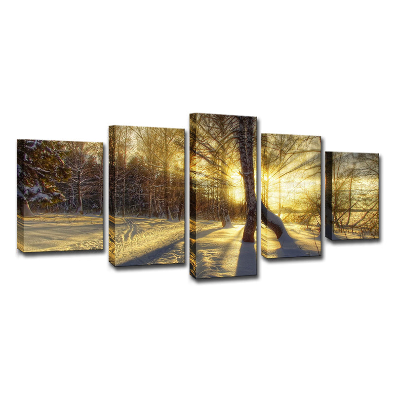 Photo-Print Modern Wall Art with Sunlight Breaking Through Bare Trees Scenery in Yellow Clearhalo 'Art Gallery' 'Canvas Art' 'Contemporary Art Gallery' 'Modern' Arts' 1615031
