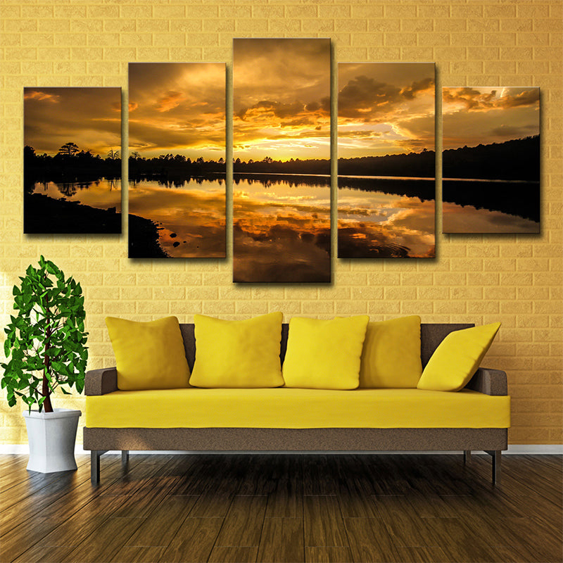Kaibab Lake Sunset Scenery Canvas Gold Glam Wall Art for Sitting Room, Textured Gold Clearhalo 'Arts' 'Canvas Art' 1615056