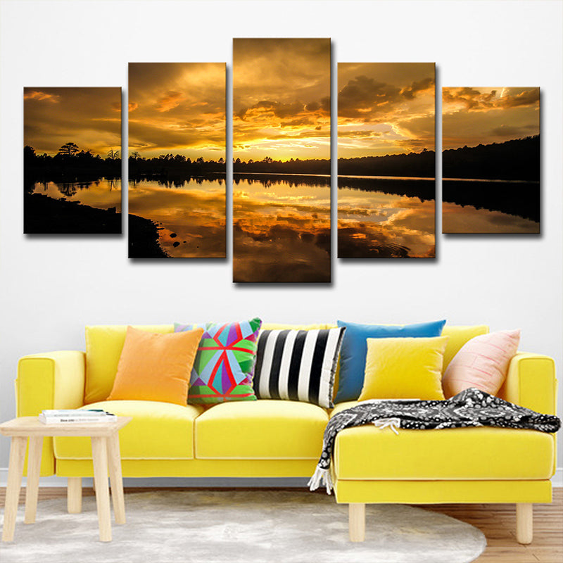Kaibab Lake Sunset Scenery Canvas Gold Glam Wall Art for Sitting Room, Textured Clearhalo 'Arts' 'Canvas Art' 1615057