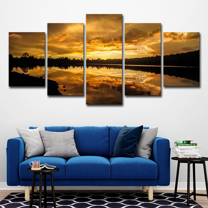 Kaibab Lake Sunset Scenery Canvas Gold Glam Wall Art for Sitting Room, Textured Clearhalo 'Arts' 'Canvas Art' 1615058
