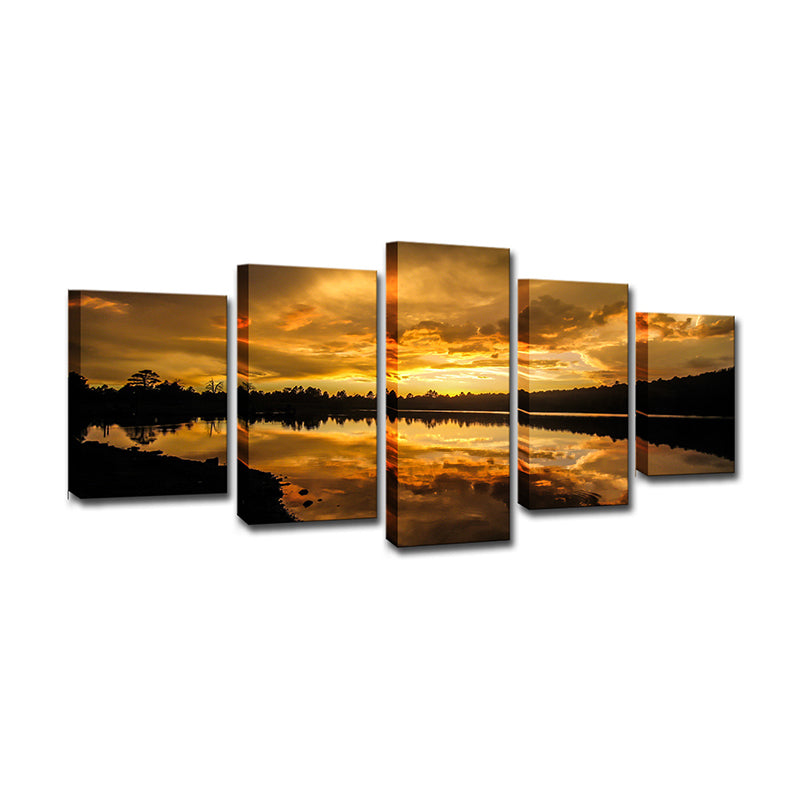 Kaibab Lake Sunset Scenery Canvas Gold Glam Wall Art for Sitting Room, Textured Clearhalo 'Arts' 'Canvas Art' 1615059