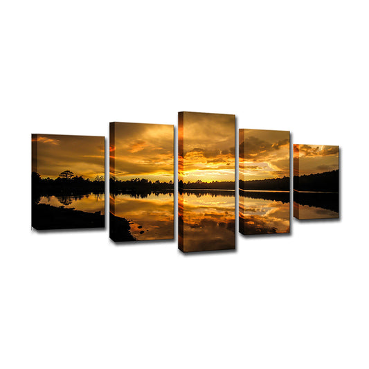 Kaibab Lake Sunset Scenery Canvas Gold Glam Wall Art for Sitting Room, Textured - Clearhalo - 'Arts' - 'Canvas Art' - 1615059