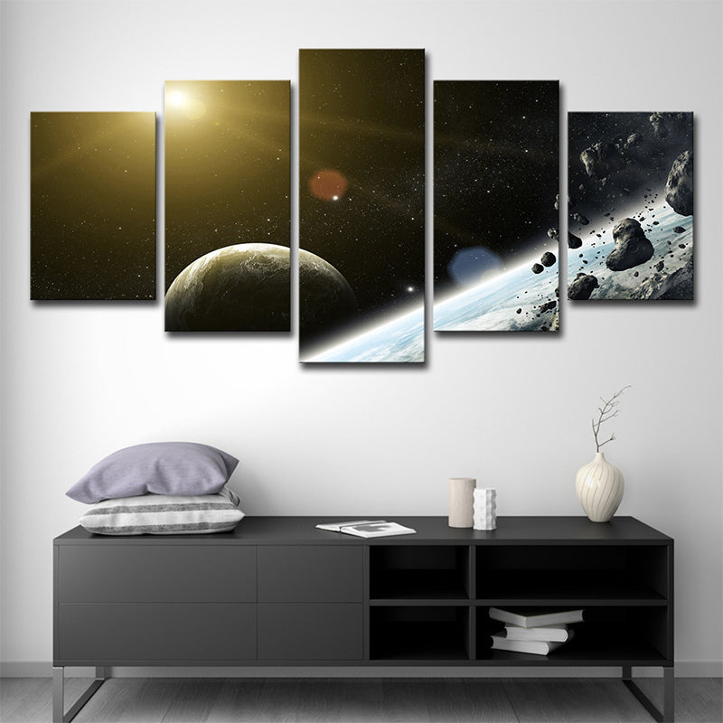 Outer Space Planet Wall Art Black Meteorite and Sun Canvas Print for Boys Bedroom Black Clearhalo 'Art Gallery' 'Canvas Art' 'Contemporary Art Gallery' 'Modern' Arts' 1615084