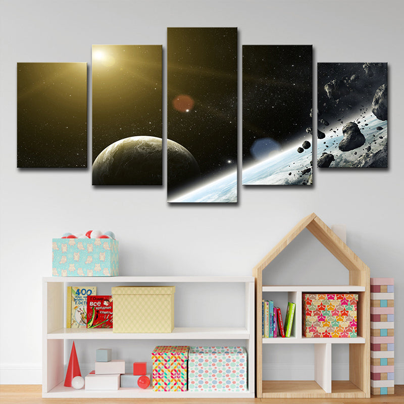 Outer Space Planet Wall Art Black Meteorite and Sun Canvas Print for Boys Bedroom Clearhalo 'Art Gallery' 'Canvas Art' 'Contemporary Art Gallery' 'Modern' Arts' 1615085