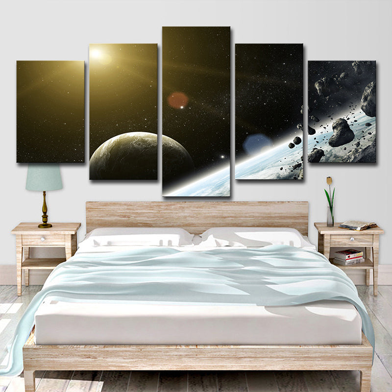 Outer Space Planet Wall Art Black Meteorite and Sun Canvas Print for Boys Bedroom Clearhalo 'Art Gallery' 'Canvas Art' 'Contemporary Art Gallery' 'Modern' Arts' 1615086