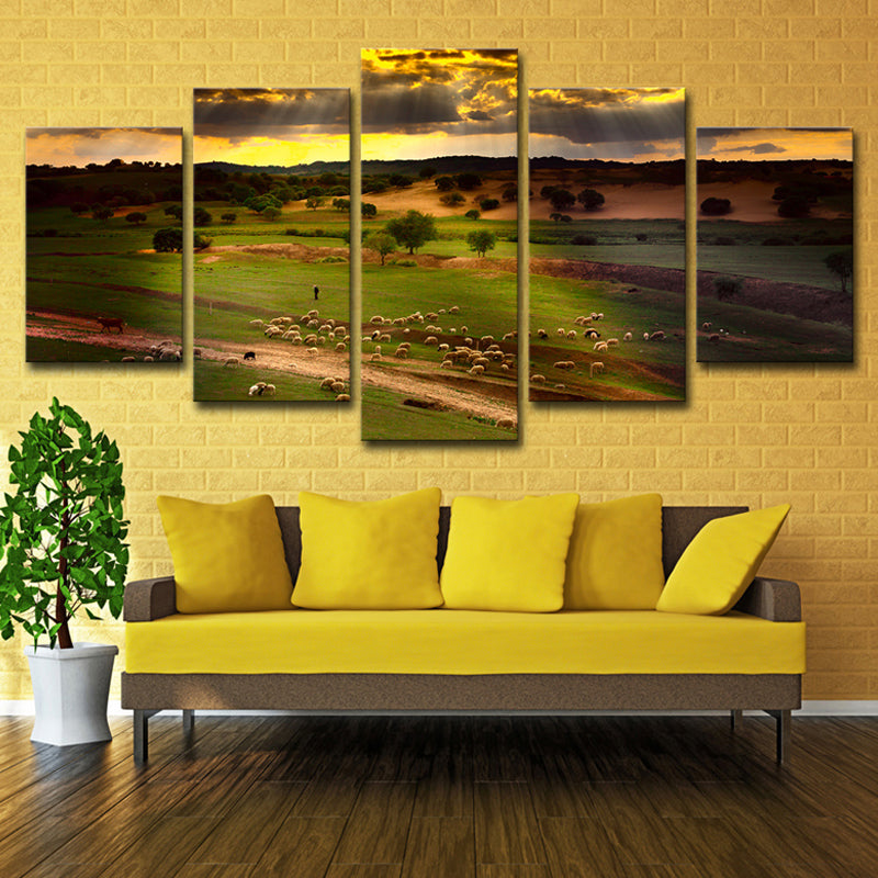 Green Sunset Meadow View Canvas Sheep Herds Contemporary Multi-Piece Wall Art Print Green Clearhalo 'Art Gallery' 'Canvas Art' 'Contemporary Art Gallery' 'Modern' Arts' 1615105