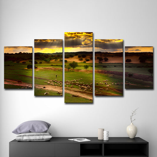 Green Sunset Meadow View Canvas Sheep Herds Contemporary Multi-Piece Wall Art Print Clearhalo 'Art Gallery' 'Canvas Art' 'Contemporary Art Gallery' 'Modern' Arts' 1615106