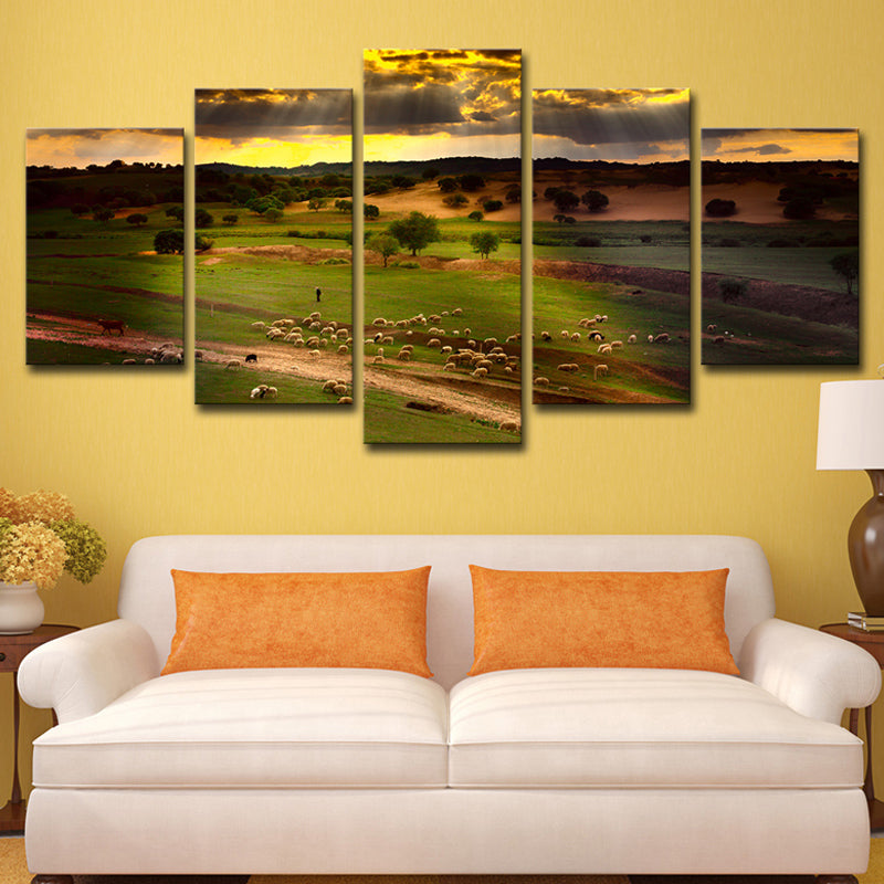 Green Sunset Meadow View Canvas Sheep Herds Contemporary Multi-Piece Wall Art Print Clearhalo 'Art Gallery' 'Canvas Art' 'Contemporary Art Gallery' 'Modern' Arts' 1615107