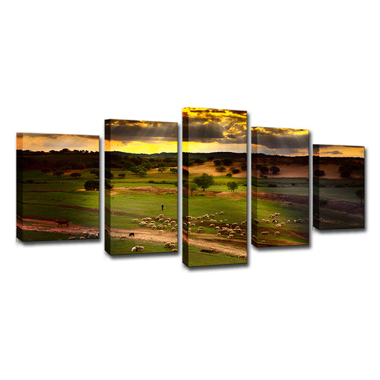 Green Sunset Meadow View Canvas Sheep Herds Contemporary Multi-Piece Wall Art Print Clearhalo 'Art Gallery' 'Canvas Art' 'Contemporary Art Gallery' 'Modern' Arts' 1615108