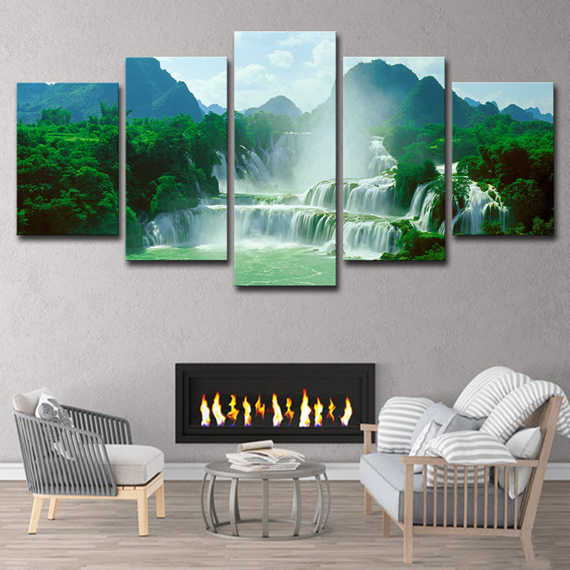 Waterfall Wall Art Print in Green Canvas Wall Decoration for Living Room, Multi-Piece Green Clearhalo 'Art Gallery' 'Canvas Art' 'Contemporary Art Gallery' 'Modern' Arts' 1615112