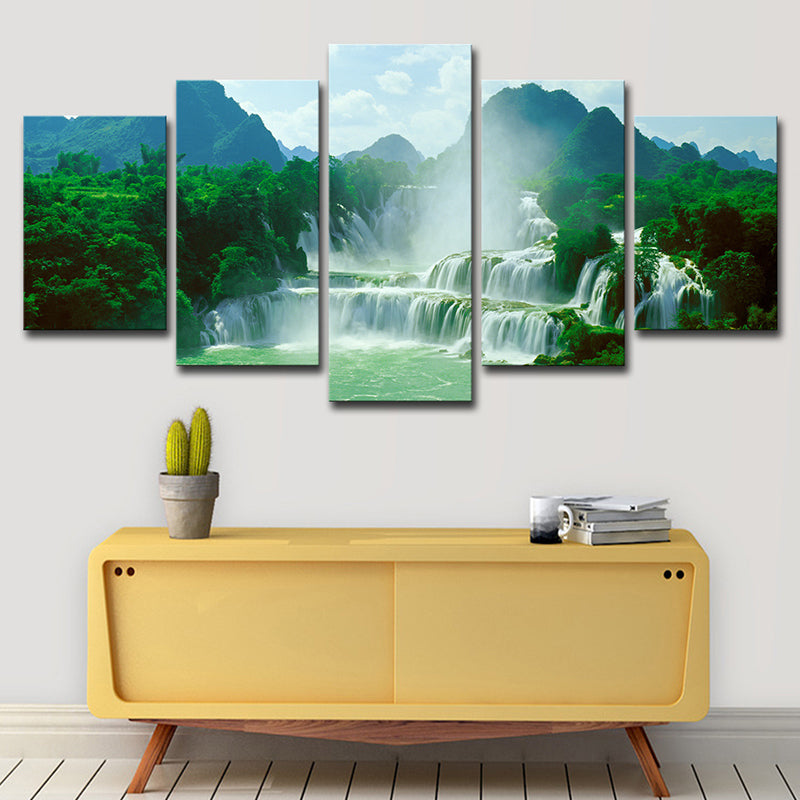 Waterfall Wall Art Print in Green Canvas Wall Decoration for Living Room, Multi-Piece Clearhalo 'Art Gallery' 'Canvas Art' 'Contemporary Art Gallery' 'Modern' Arts' 1615114