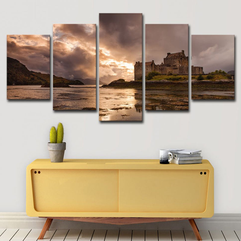 Grey Sunset Landscape Canvas Art Eilean Donan Castle Modern Multi-Piece Wall Decor Grey Clearhalo 'Art Gallery' 'Canvas Art' 'Contemporary Art Gallery' 'Modern' Arts' 1615119