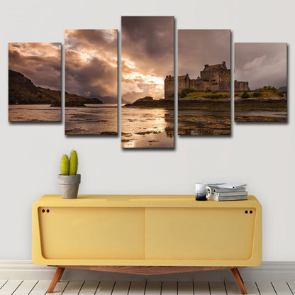 Grey Sunset Landscape Canvas Art Eilean Donan Castle Modern Multi-Piece Wall Decor Grey Clearhalo 'Art Gallery' 'Canvas Art' 'Contemporary Art Gallery' 'Modern' Arts' 1615119