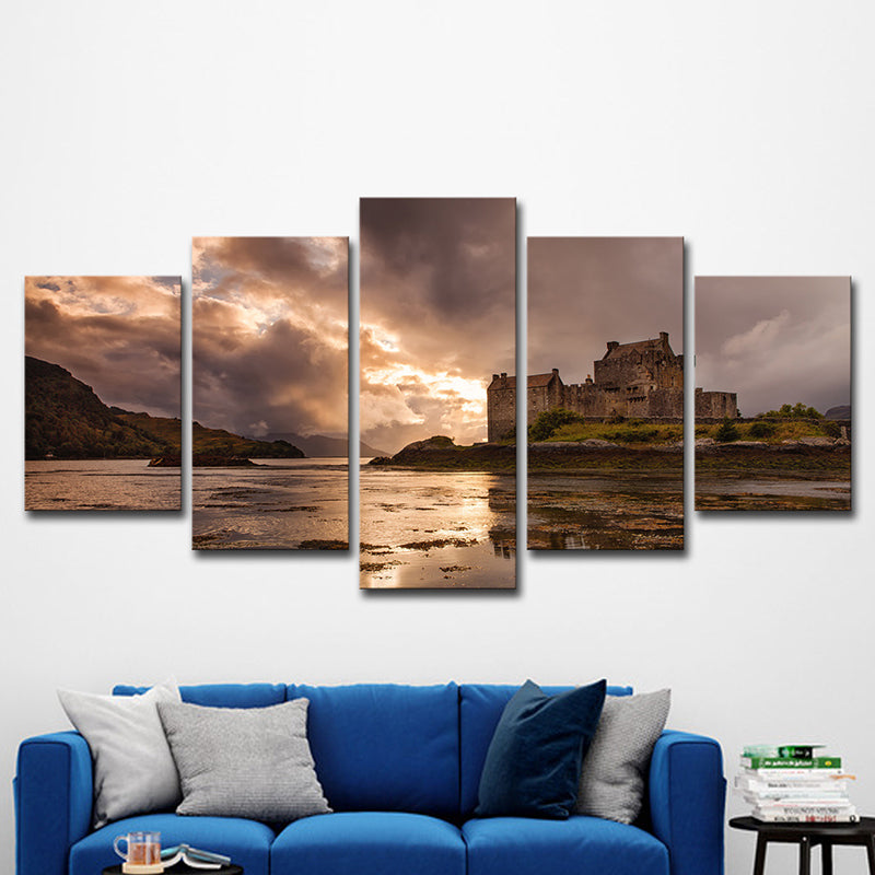 Grey Sunset Landscape Canvas Art Eilean Donan Castle Modern Multi-Piece Wall Decor Clearhalo 'Art Gallery' 'Canvas Art' 'Contemporary Art Gallery' 'Modern' Arts' 1615120