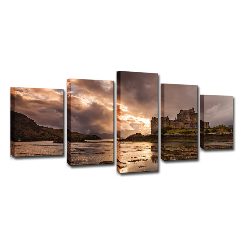 Grey Sunset Landscape Canvas Art Eilean Donan Castle Modern Multi-Piece Wall Decor Clearhalo 'Art Gallery' 'Canvas Art' 'Contemporary Art Gallery' 'Modern' Arts' 1615122