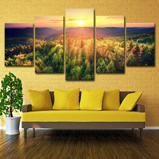 Dusk Sunshine over Forest Canvas Multi-Piece Contemporary Living Room Wall Art Print Yellow Clearhalo 'Art Gallery' 'Canvas Art' 'Contemporary Art Gallery' 'Modern' Arts' 1615140