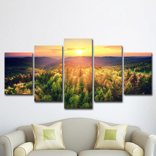 Dusk Sunshine over Forest Canvas Multi-Piece Contemporary Living Room Wall Art Print Clearhalo 'Art Gallery' 'Canvas Art' 'Contemporary Art Gallery' 'Modern' Arts' 1615141