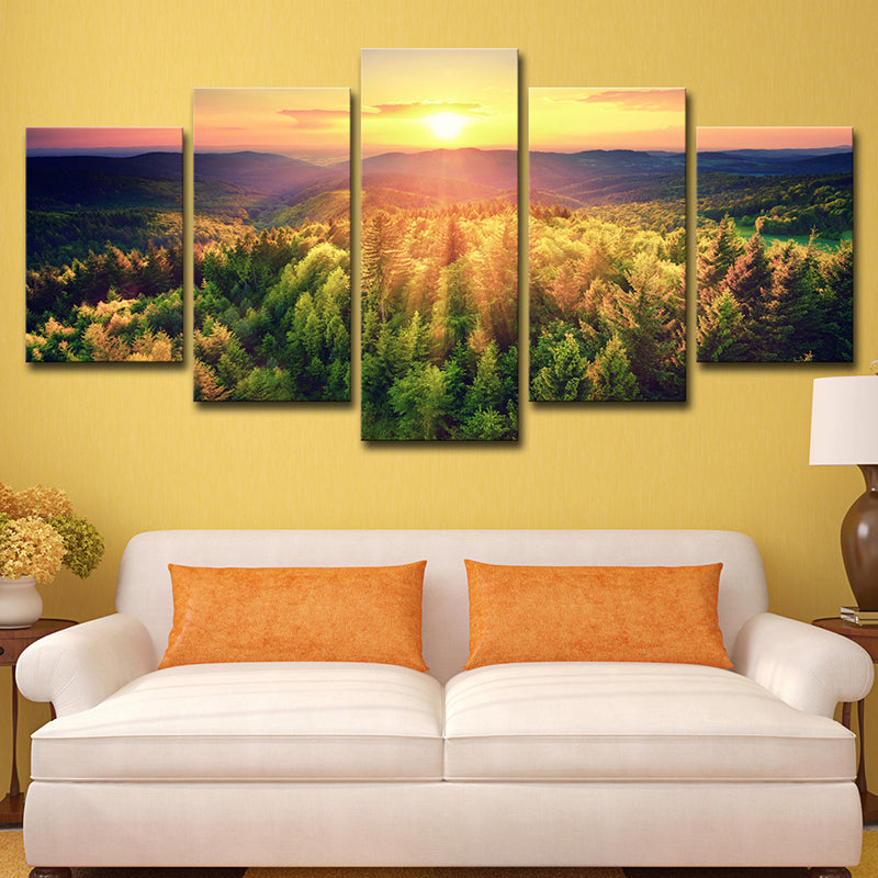 Dusk Sunshine over Forest Canvas Multi-Piece Contemporary Living Room Wall Art Print Clearhalo 'Art Gallery' 'Canvas Art' 'Contemporary Art Gallery' 'Modern' Arts' 1615142