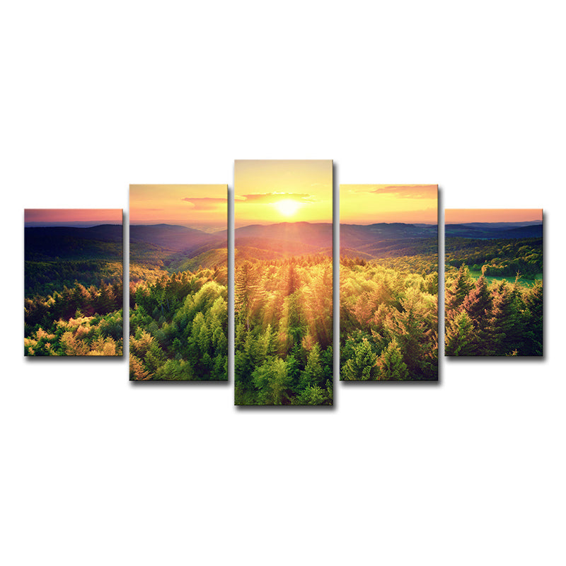 Dusk Sunshine over Forest Canvas Multi-Piece Contemporary Living Room Wall Art Print Clearhalo 'Art Gallery' 'Canvas Art' 'Contemporary Art Gallery' 'Modern' Arts' 1615143