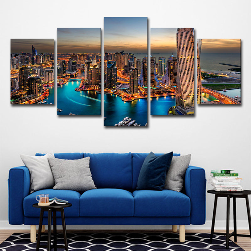 Metropolis Night View Wall Art Print Brown Canvas Wall Decor for Home, Multi-Piece Brown Clearhalo 'Art Gallery' 'Canvas Art' 'Contemporary Art Gallery' 'Modern' Arts' 1615154