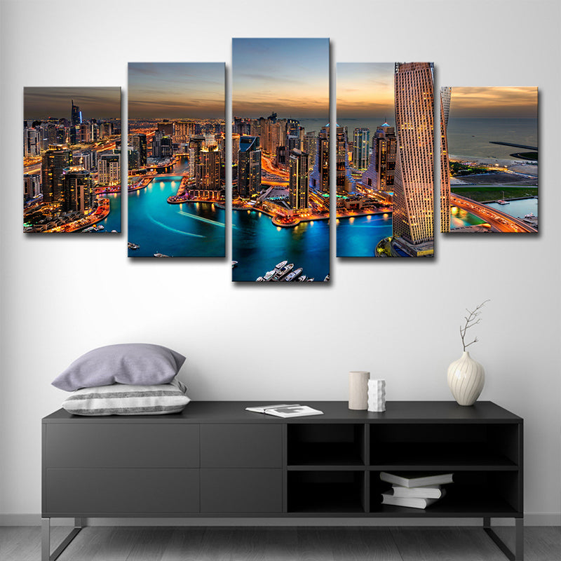 Metropolis Night View Wall Art Print Brown Canvas Wall Decor for Home, Multi-Piece Clearhalo 'Art Gallery' 'Canvas Art' 'Contemporary Art Gallery' 'Modern' Arts' 1615155