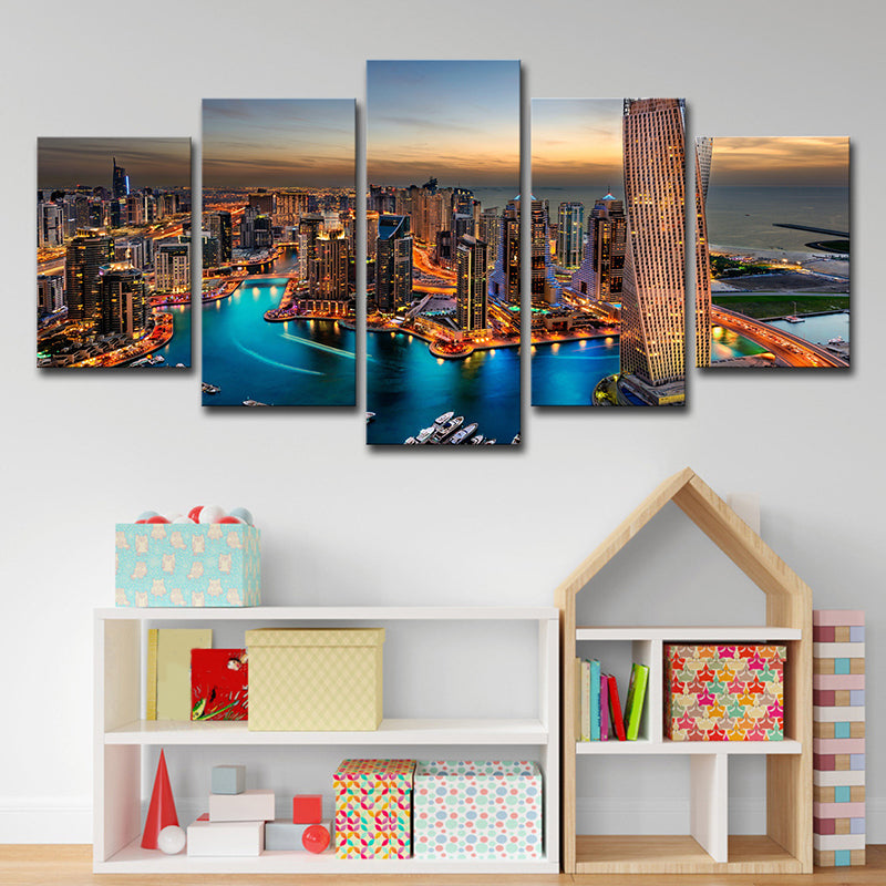 Metropolis Night View Wall Art Print Brown Canvas Wall Decor for Home, Multi-Piece Clearhalo 'Art Gallery' 'Canvas Art' 'Contemporary Art Gallery' 'Modern' Arts' 1615156