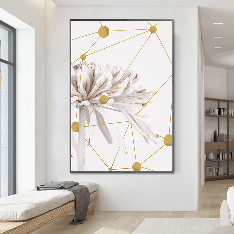 Modern Blooming Chrysanths Art Print White and Gold Geometric Canvas for Living Room - White - Clearhalo - 'Arts' - 'Canvas Art' - 1615182