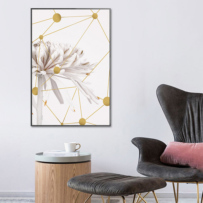 Modern Blooming Chrysanths Art Print White and Gold Geometric Canvas for Living Room - Clearhalo - 'Arts' - 'Canvas Art' - 1615183