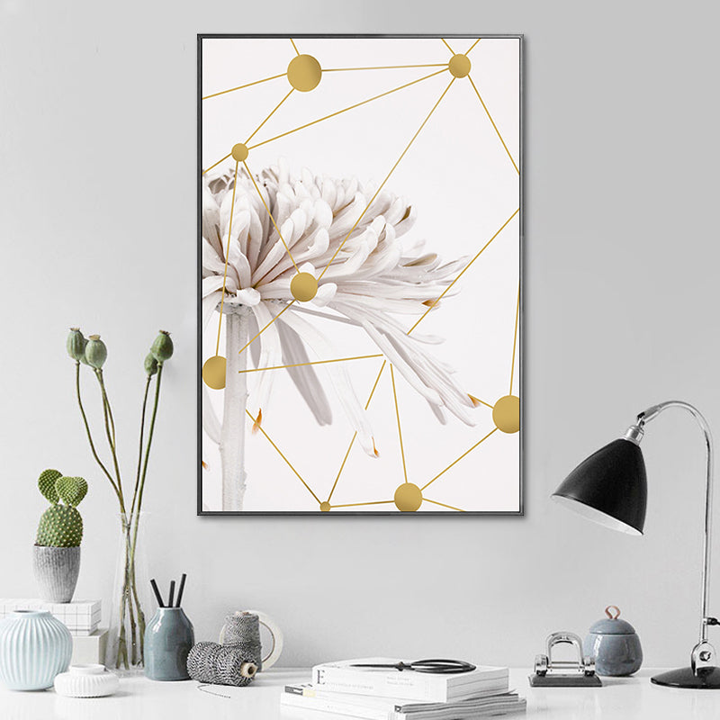 Modern Blooming Chrysanths Art Print White and Gold Geometric Canvas for Living Room - Clearhalo - 'Arts' - 'Canvas Art' - 1615184