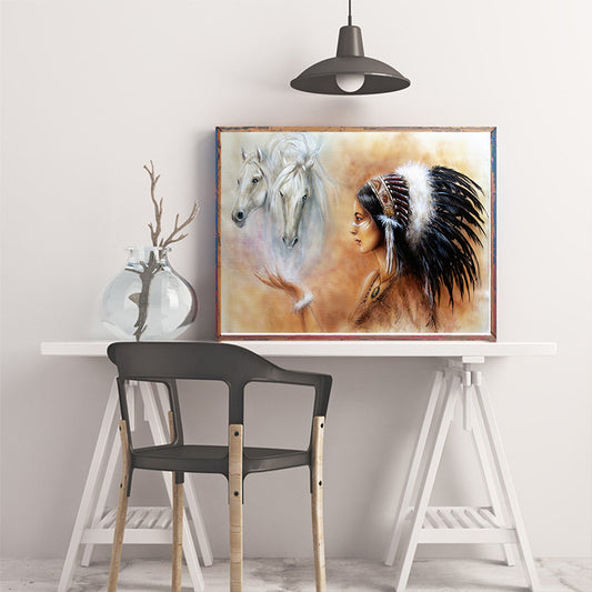 Canvas Textured Wall Art Modern Indian Woman and Horse Painting in Orange and White Orange Clearhalo 'Art Gallery' 'Canvas Art' 'Contemporary Art Gallery' 'Modern' Arts' 1615189