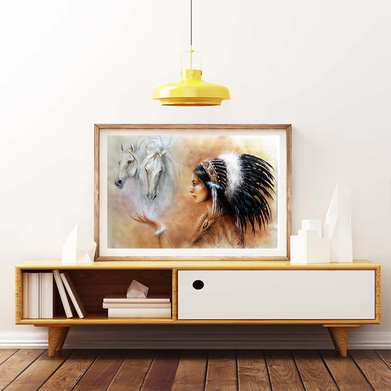 Canvas Textured Wall Art Modern Indian Woman and Horse Painting in Orange and White Clearhalo 'Art Gallery' 'Canvas Art' 'Contemporary Art Gallery' 'Modern' Arts' 1615190