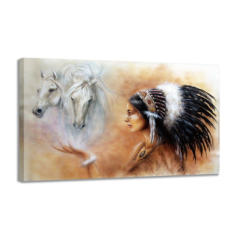 Canvas Textured Wall Art Modern Indian Woman and Horse Painting in Orange and White Clearhalo 'Art Gallery' 'Canvas Art' 'Contemporary Art Gallery' 'Modern' Arts' 1615192