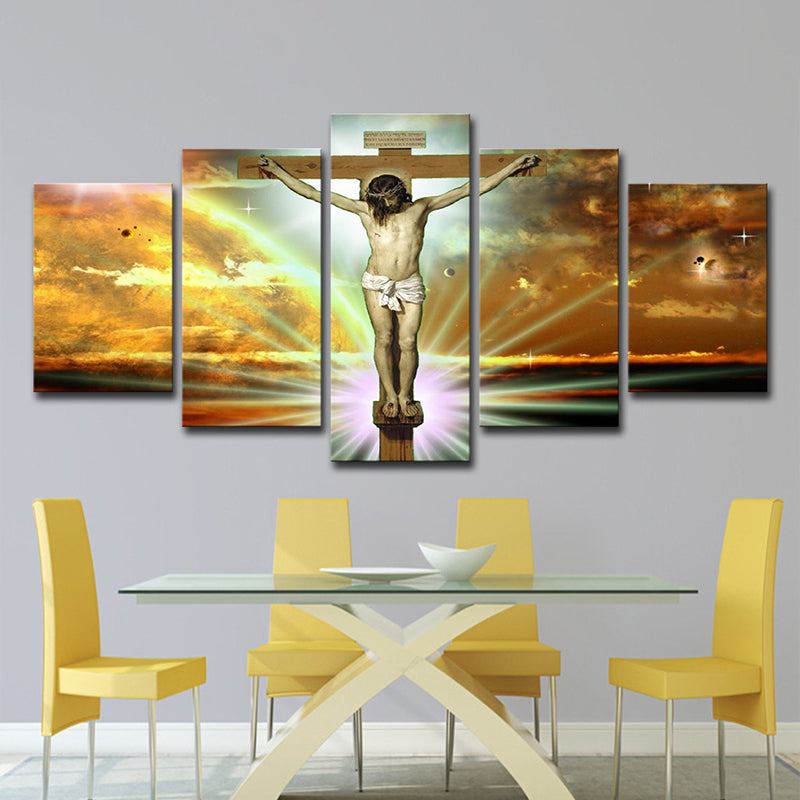 Religion Wall Art Orange Canvas the Crucifixion and Death of Jesus Painting, Multi-Piece Orange Clearhalo 'Art Gallery' 'Canvas Art' 'Contemporary Art Gallery' 'Modern' Arts' 1615209
