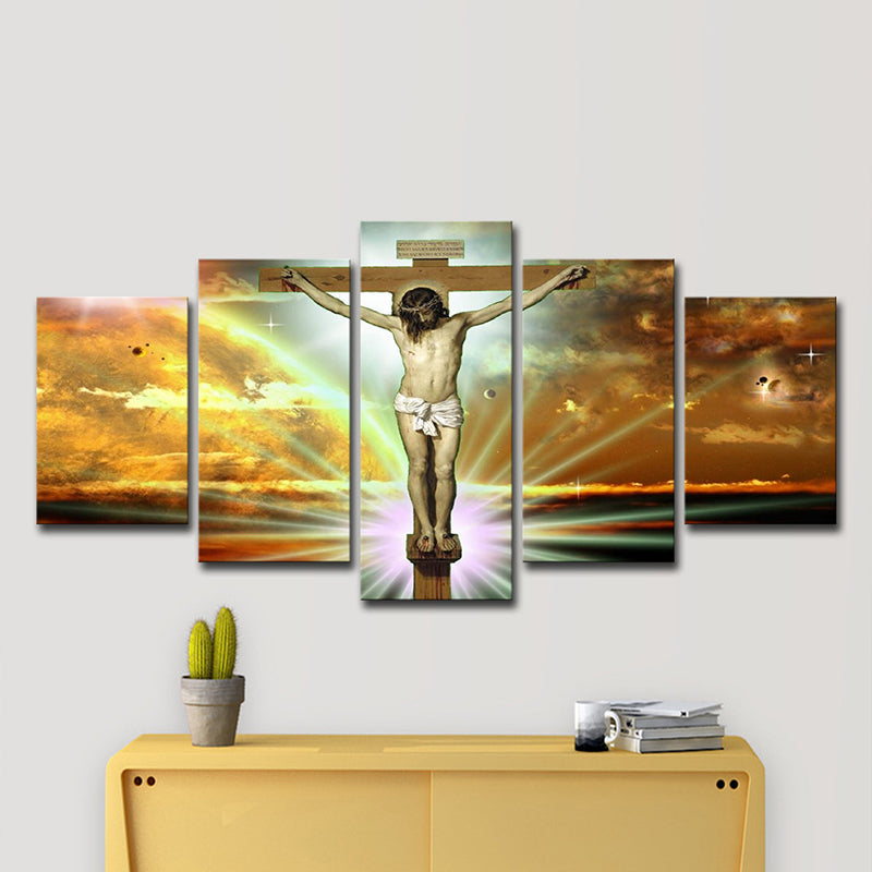 Religion Wall Art Orange Canvas the Crucifixion and Death of Jesus Painting, Multi-Piece Clearhalo 'Art Gallery' 'Canvas Art' 'Contemporary Art Gallery' 'Modern' Arts' 1615210