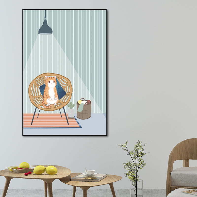 Cartoon Wall Art Kids Chubby Cats Leisure Life Canvas Print in Light Color Green Clearhalo 'Art Gallery' 'Canvas Art' 'Kids' Arts' 1615239