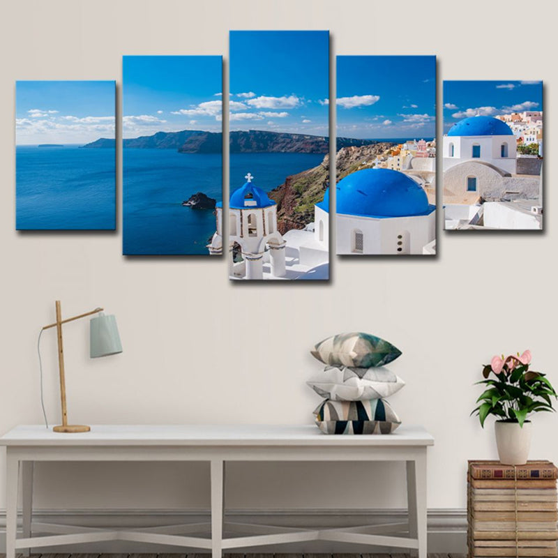 Fotoafdruk Grieks Santorini Canvas Wall Art voor woonkamer. Blauw en wit, meerdelig