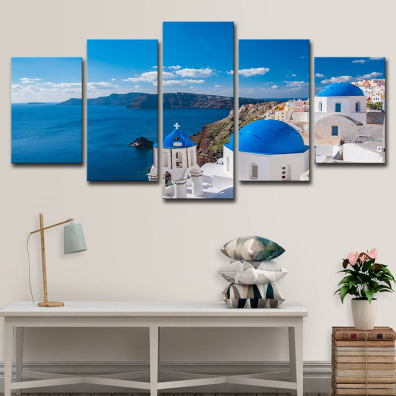 Photo Print Greek Santorini Canvas Wall Art for Living Room. Blue and White, Multi-Piece Blue Clearhalo 'Arts' 'Canvas Art' 1615253