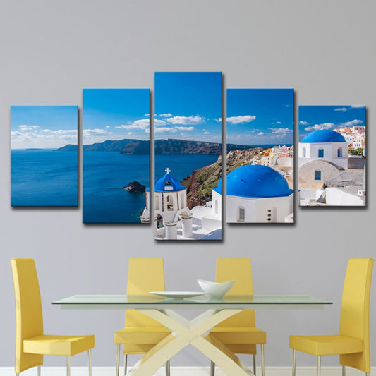 Photo Print Greek Santorini Canvas Wall Art for Living Room. Blue and White, Multi-Piece
