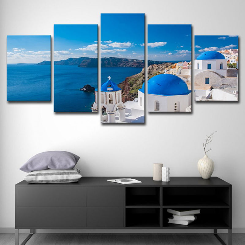 Fotoafdruk Grieks Santorini Canvas Wall Art voor woonkamer. Blauw en wit, meerdelig