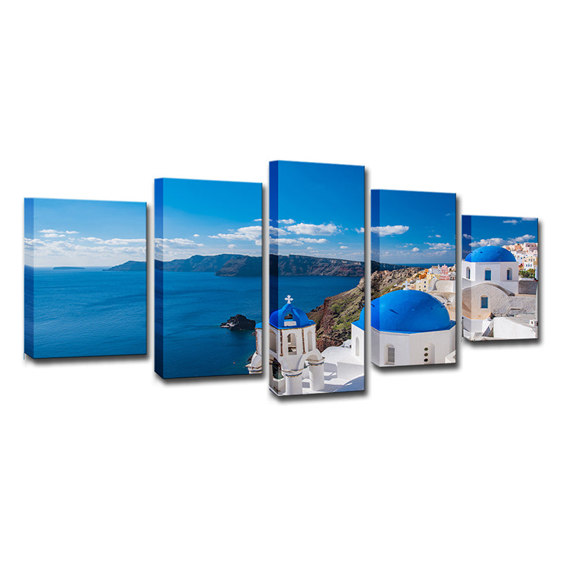 Photo Print Greek Santorini Canvas Wall Art for Living Room. Blue and White, Multi-Piece Clearhalo 'Arts' 'Canvas Art' 1615256